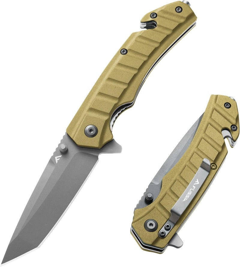 FLISSA Folding Pocket Knife, Knife with Liner Lock, Tanto Blade, Pocket Clip, Glass Breaker, Seatbelt Cutter, Perfect for Outdoor Camping(Coyote Brown) - Image 1